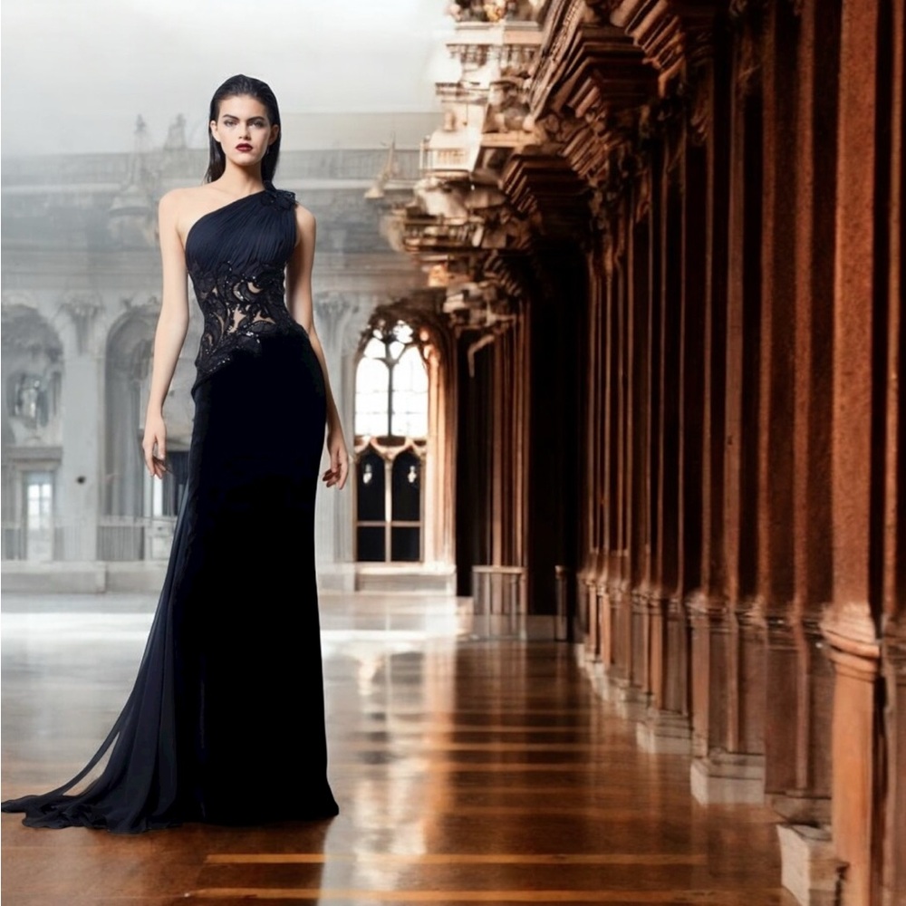 Zuhair Murad size 4 black velvet and chiffon one shoulder dress gown